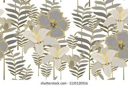 Monstera, palm and hawaiian flowers. Big leaves and exotic flowers composition. Vector illustration. Botanical seamless wallpaper. Digital nature art. Cartoon style sketch. White background.