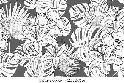 Monstera, palm and hawaiian flowers. Big leaves and exotic flowers composition. Vector illustration. Botanical seamless wallpaper. Digital nature art. Cartoon style sketch. Grey background.