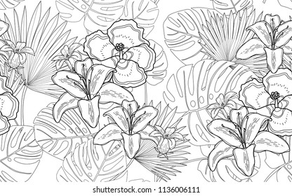 Monstera and palm with hawaiian flowers. Big leaves and exotic flowers composition. Vector illustration. Botanical seamless wallpaper. Digital nature art. Cartoon style sketch. White background.