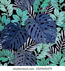 Monstera und Palmendschungel hinterlassen Muster Design, blau und grün, Vektorgrafik. 3D-Illustration