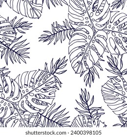 Monstera and palm jungle line art leaves, floral seamless pattern for fabric textile or wallpapers. Vector tropical jungle leaves modern background.