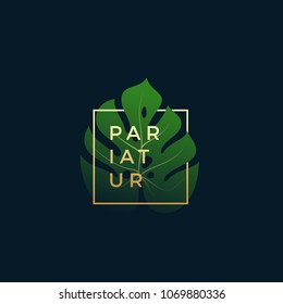 Monstera Palm Leaf In a Golden frame with Modern Typography. Abstract Vector Sign, Symbol or Logo Template. Elegant Emblem or Card Design. On Dark Blue Background.