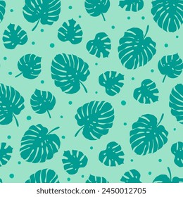 Monstera palm leaf seamless pattern. Vector cute green tropical leaves print for fabric, fresh summer decor, funny wrapping paper, natural product cover.