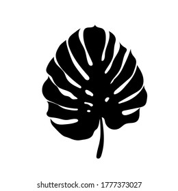 Monstera Palm Leaf. Tropical Black Silhouette Plant Isolated On White Background. Flat Style Botanical Vector Illustration.