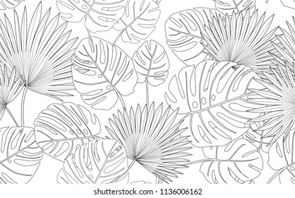 Monstera and palm leaves and exotic flowers composition. Vector illustration. Botanical seamless wallpaper. Digital nature art. Cartoon style sketch. White background.