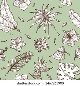 Monstera and palm leaves floral decoration monochrome sketch outline vector seamless pattern with flourishing flora summer foliage and frondage flower with petals subtropical drawings flat style