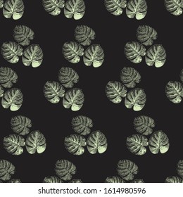 Monstera palm leaves light green on black seamless vector background. Tropical leaf pattern. Exotic nature repeating backdrop. Philodendron plant design for fabric, beach wear, summer, home decor