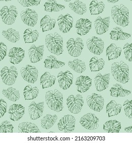 Monstera Palm leaves line vector seamless pattern