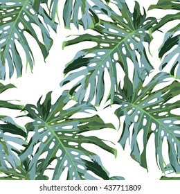 Monstera palm leaves on the white background. Vector seamless pattern with tropical jungle plant. Natural green foliage.
