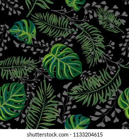 Monstera and palm leaves. Pattern on a colored background.