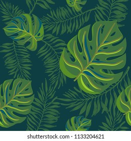 Monstera and palm leaves. Pattern on a colored background.