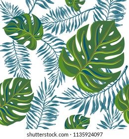 Monstera and palm leaves. Pattern on a transparent background.