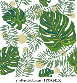 Monstera and palm leaves. Pattern on a transparent background.