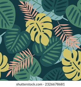 Monstera and palm leaves seamless pattern. Cute green tropical repeat pattern. Square design. Vector illustration.