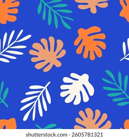 Monstera and palm leaves seamless pattern in flat style