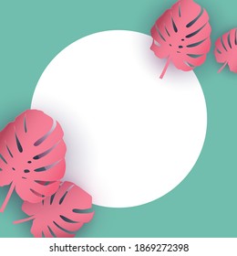 Monstera Palm leaves trendy background with empry frame. Vector  illustration