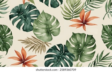 Monstera and palm leaves tropical botabical blend seamlessly into an artistic watercolor composition