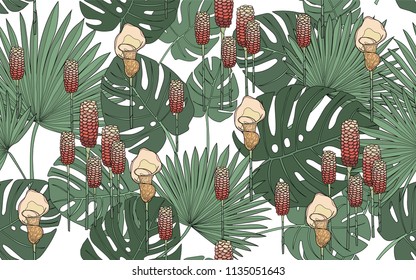 Monstera and palm leaves with tumeric flowers. Big leaves and exotic flowers composition. Vector illustration. Botanical seamless wallpaper. Digital nature art. Cartoon style sketch. White background.