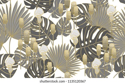 Monstera and palm leaves with tumeric flowers. Big leaves and exotic flowers composition. Vector illustration. Botanical seamless wallpaper. Digital nature art. Cartoon style sketch. White background.