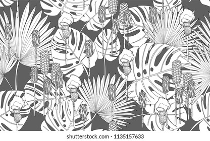 Monstera and palm leaves with tumeric flowers. Big leaves and exotic flowers composition. Vector illustration. Botanical seamless wallpaper. Digital nature art. Cartoon style sketch. Grey background.