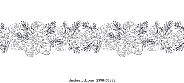 Monstera and palm line art jungle leaves banner, floral seamless boarder for fabric textile or wallpapers. Vector tropical jungle leaves modern background.