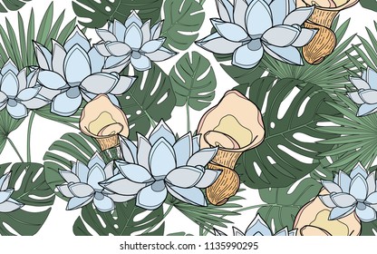 Monstera, palm and lotus flower. Big leaves and exotic flowers composition. Vector illustration. Botanical seamless wallpaper. Digital nature art. Cartoon style sketch. White background.