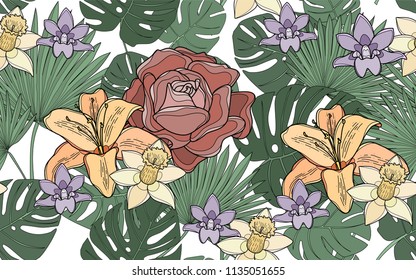 Monstera, palm, roses and orchids. Big leaves and exotic flowers composition. Vector illustration. Botanical seamless wallpaper. Digital nature art. Cartoon style sketch. White background.