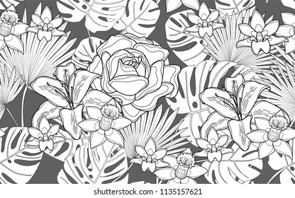 Monstera, palm, roses and orchids. Big leaves and exotic flowers composition. Vector illustration. Botanical seamless wallpaper. Digital nature art. Cartoon style sketch. Grey background.