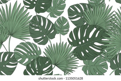 Monstera and palm tree. Big leaves and exotic flowers composition. Vector illustration. Botanical seamless wallpaper. Digital nature art. Cartoon style sketch. White background.