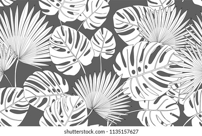 Monstera and palm tree. Big leaves and exotic flowers composition. Vector illustration. Botanical seamless wallpaper. Digital nature art. Cartoon style sketch. Grey background.