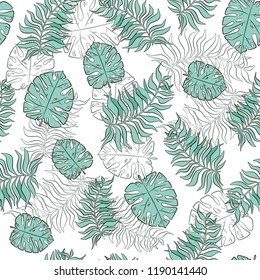 Monstera, palm tropical jungle leaves. Seamless pattern
