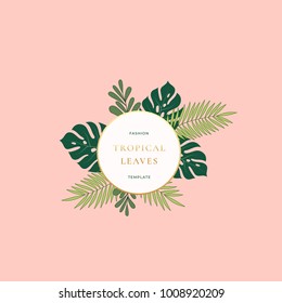 Monstera Palm Tropical Leaves Fashion Sign, Emblem, Card or Logo Template. Abstract Green Foliage with Round Banner, Golden Gradient Border and Classy Typography. Pink Pastel Colors. Isolated.