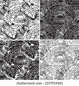 Papel tapizado de hojas tropicales de monstera y palmera de cuatro variantes negras y blancas vectoriales sin soldadura