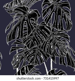 Monstera pattern by hand drawing.Monstera vector seamless on vintage background.Vector leaves art highly detailed in line art style.