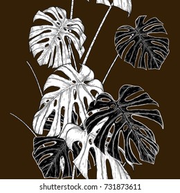 Patrón monstera por dibujo a mano.Vector monstera sin fisuras en fondo vintage.El vector deja el arte muy detallado en el estilo de arte en línea.