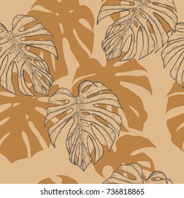 Monstera pattern by hand drawing.Monstera vector seamless on vintage background.Vector leaves art highly detailed in line art style.Leaf for paint to pattern or wallpaper