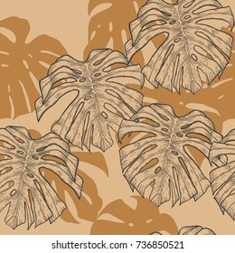Monstera pattern by hand drawing.Monstera vector seamless on vintage background.Vector leaves art highly detailed in line art style.Leaf for paint to pattern or wallpaper