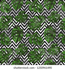 Monstera Pattern.  Exotic Palm Greenery Backdrop. Summer Design for Swimwear. Repeat Illustration. Monstera Seamless Pattern.