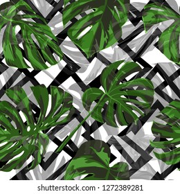 Monstera Pattern.  Exotic Palm Greenery Backdrop. Seamless Illustration. Summer Design for Swimwear. Monstera Seamless Pattern.