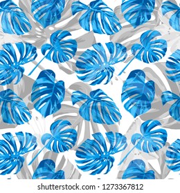 Monstera Pattern.  Exotic Palm Greenery Backdrop. Summer Design for Swimwear. Repeat Illustration. Monstera Seamless Pattern.