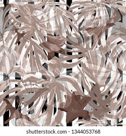 Monstera Pattern.  Exotic Palm Greenery Backdrop. Repeating Illustration. Summer Design for Swimwear. Monstera Seamless Pattern.