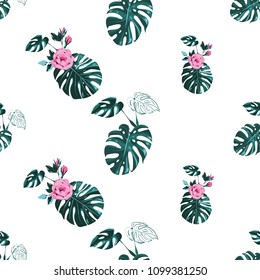 Monstera pattern. Green watercolor print with tropic leaves and flowers. Summer seamless pattern background with floral elements on white backdrop.