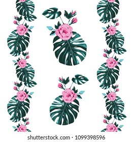 Monstera pattern. Green watercolor print with tropic leaves and flowers. Summer seamless pattern background with floral elements on white backdrop.