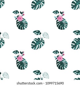 Monstera pattern. Green watercolor print with tropic leaves and flowers. Summer seamless pattern background with floral elements on white backdrop.