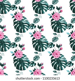 Monstera pattern. Green watercolor print with tropic leaves and flowers. Summer seamless pattern background with floral elements on white backdrop.