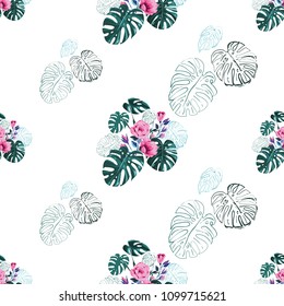 Monstera pattern with leaves and blossoms. Vintage square watercolor print with green tropic leaves and pink flowers. Summer seamless pattern background with floral elements on white backdrop.