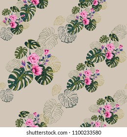 Monstera pattern with leaves and blossoms. Vintage square watercolor print with green tropic leaves and pink flowers. Summer seamless pattern background with floral elements on gray backdrop.