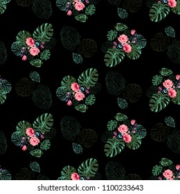 Monstera pattern with leaves and blossoms. Vintage square watercolor print with green tropic leaves and pink flowers. Summer seamless pattern background with floral elements on black backdrop.