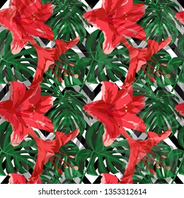 Monstera Pattern.  Repeatable Illustration. Exotic Palm Greenery Backdrop. Summer Design for Swimwear. Monstera Seamless Pattern.
