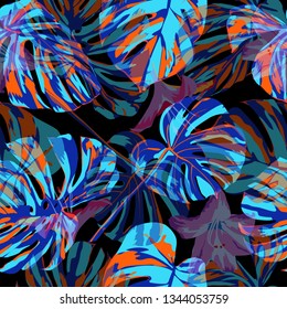 Monstera Pattern.  Repeating Illustration. Exotic Palm Greenery Backdrop. Summer Design for Swimwear. Monstera Seamless Pattern.